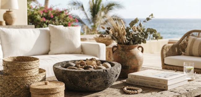 Oceanview terrace with natural fiber baskets and a stone bowl on a rustic table